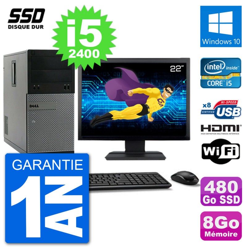 Dell Optiplex 3010 MT Desktop Computer, 22" Screen, i5-2400, 8GB RAM, 480GB SSD, HDMI, Windows 10, WiFi