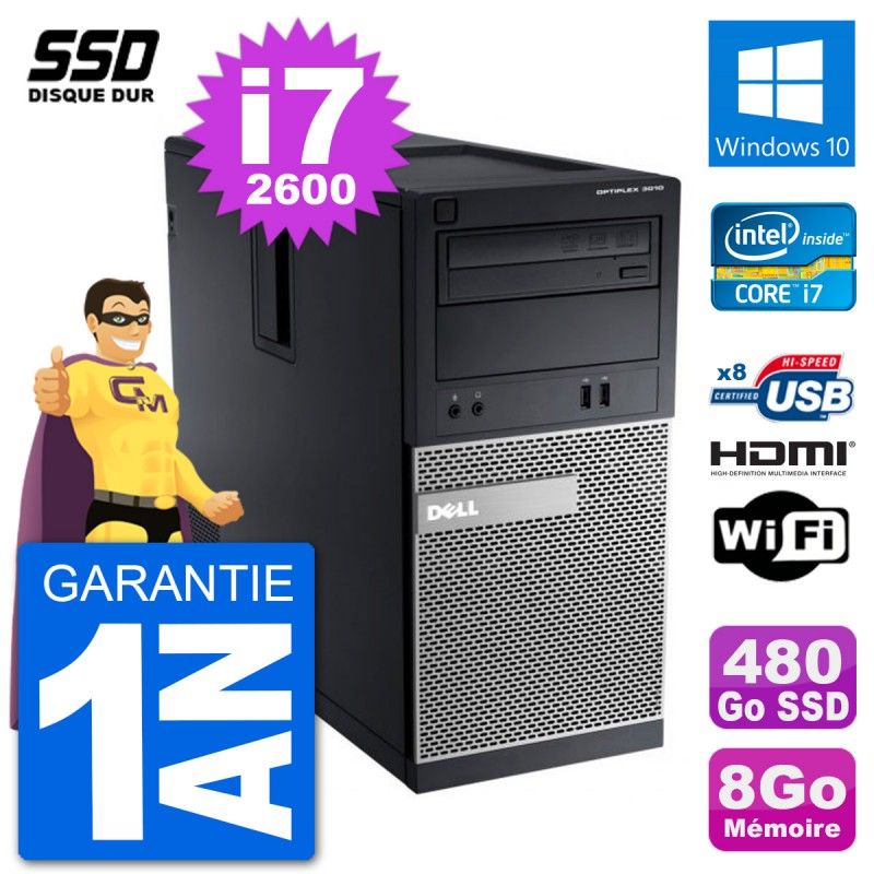Dell Optiplex 3010 MT Desktop PC i7-2600 8GB RAM 480GB SSD HDMI Windows 10 Wifi
