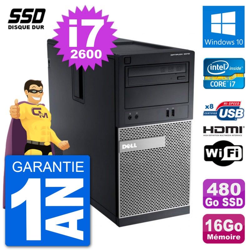 Dell Optiplex 3010 MT Desktop Computer, i7-2600, 16GB RAM, 480GB SSD, HDMI, Windows 10, Wifi