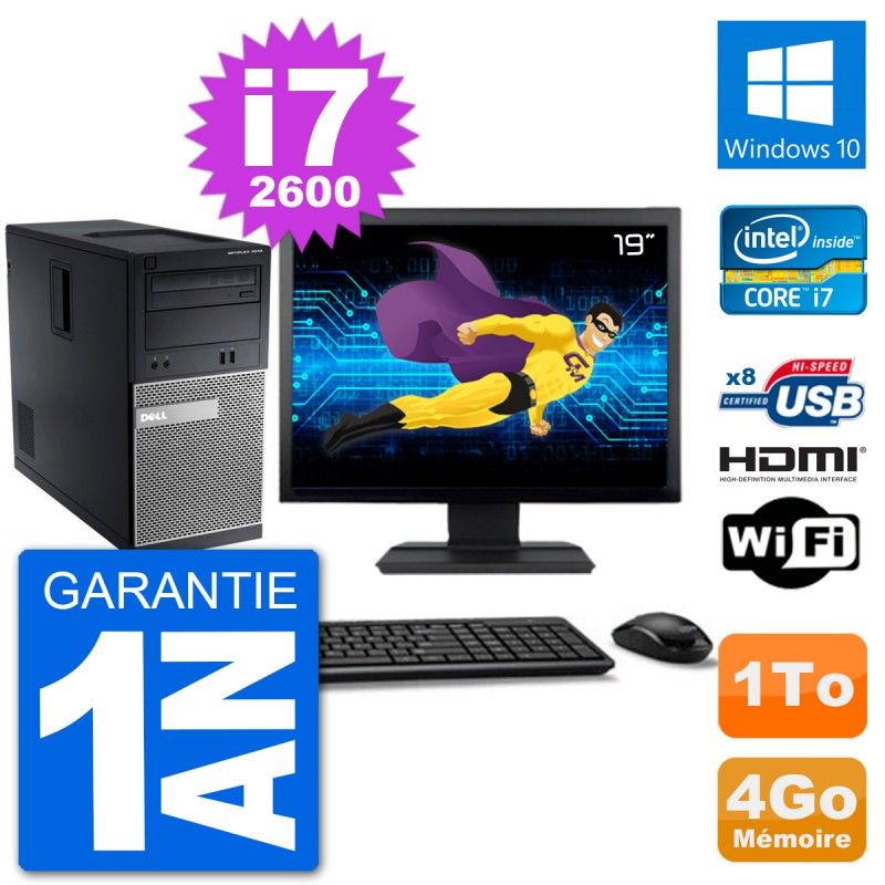 Dell Optiplex 3010 MT Desktop PC - 19" Screen, i7-2600, 4GB RAM, 1TB HDD, HDMI, Windows 10, Wifi