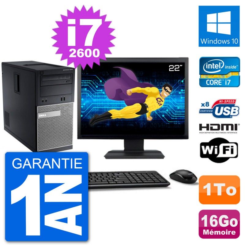 Dell Optiplex 3010 MT Desktop Computer, 22" Screen, i7-2600, 16GB RAM, 1TB HDD, HDMI, Windows 10, WiFi
