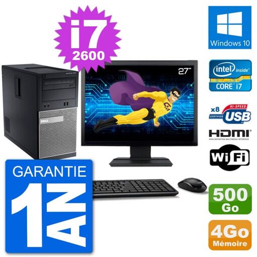 Dell Optiplex 3010 MT Desktop Computer, 27" Screen, i7-2600, 4GB RAM, 500GB HDD, HDMI, Windows 10, WiFi