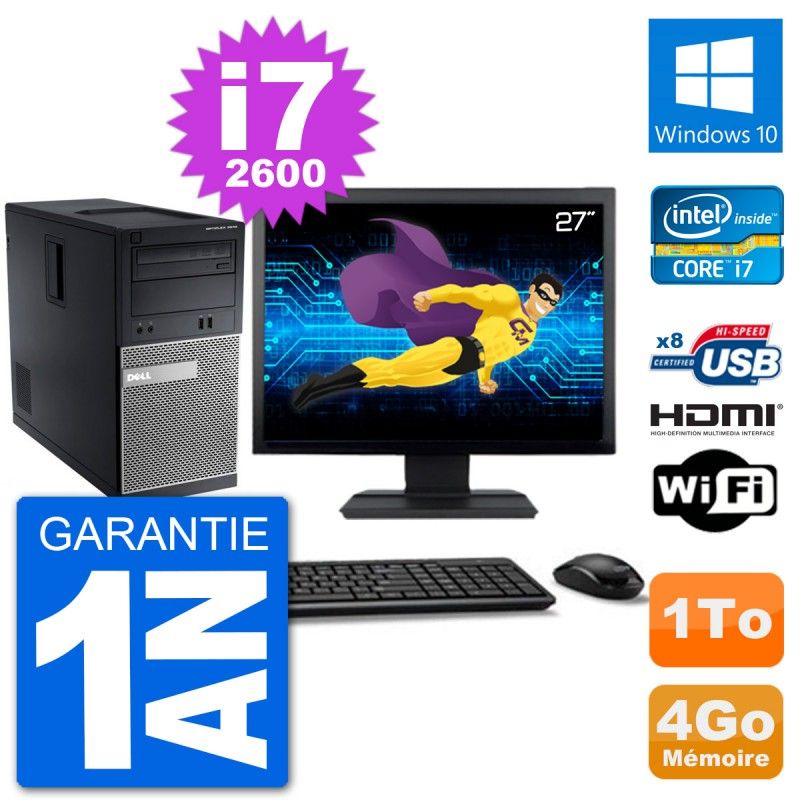 Dell Optiplex 3010 MT Desktop PC - 27" Screen, i7-2600, 4GB RAM, 1TB HDD, HDMI, Windows 10, WiFi