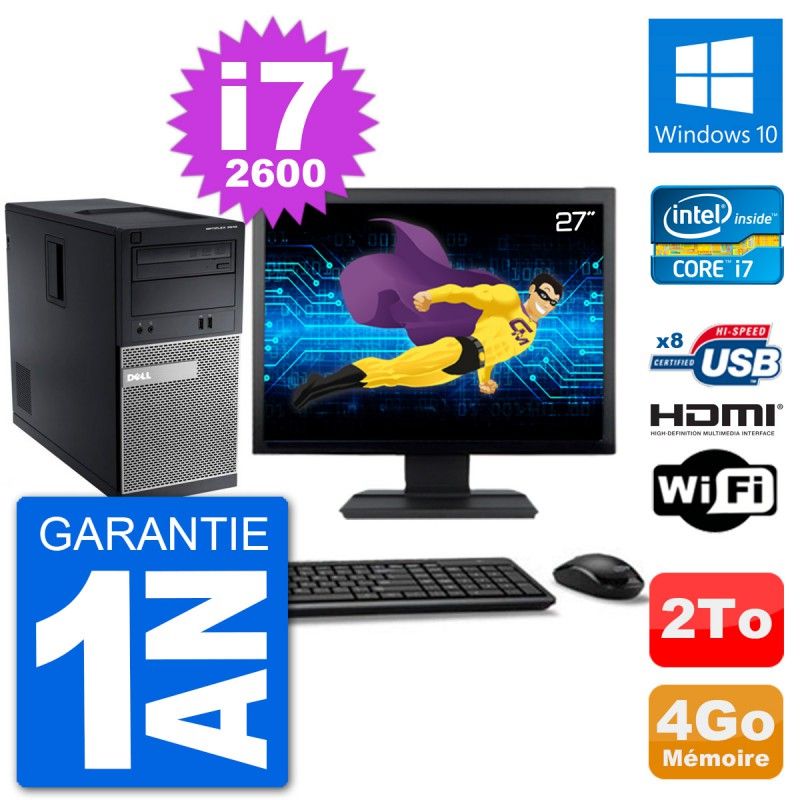 Dell Optiplex 3010 MT Desktop PC - 27" Screen, i7-2600, 4GB RAM, 2TB HDD, HDMI, WiFi, Windows 10