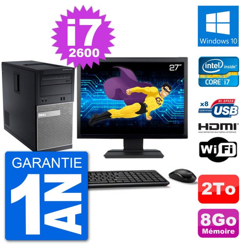 Dell Optiplex 3010 MT Desktop PC - 27inch Screen, i7-2600, 8GB RAM, 2TB Hard Drive, HDMI, Windows 10, Wi-Fi