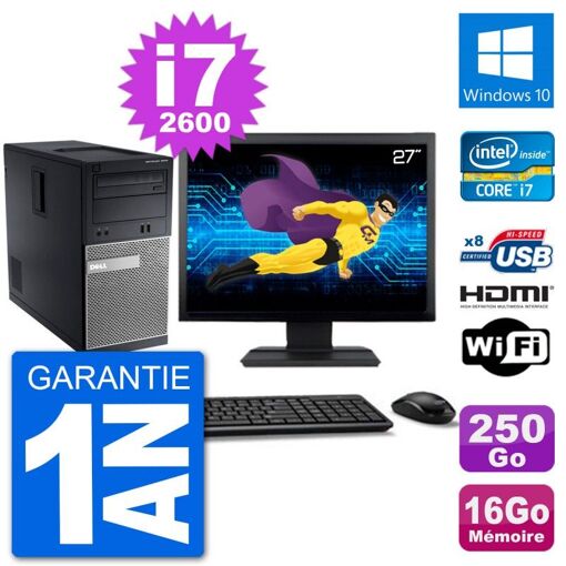 Computadora de escritorio Dell Optiplex 3010 MT - Pantalla de 27'', Intel Core i7-2600, 16 GB de RAM, 250 GB HDD, HDMI, Windows 10, WiFi