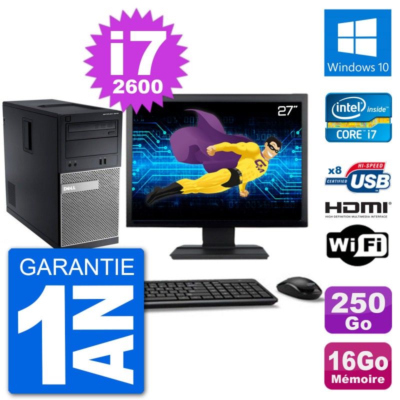 Dell Optiplex 3010 MT Desktop Computer - 27" Screen, i7-2600, 16GB RAM, 250GB HDD, HDMI, Windows 10, Wi-Fi