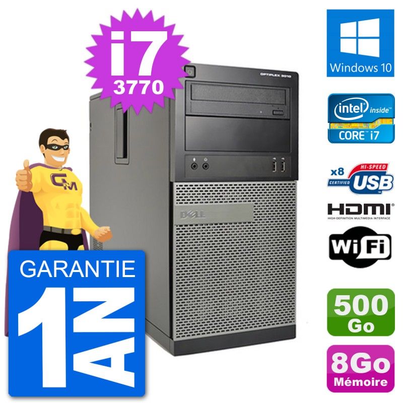Ordinateur de bureau Dell Optiplex 3010 MT - i7-3770, 8 Go de RAM, 500 Go HDD, HDMI, Wi-Fi, Windows 10