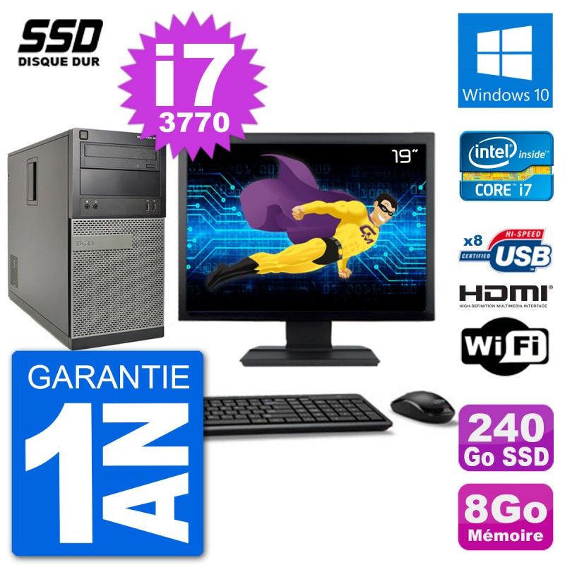 Ordinateur de bureau Dell Optiplex 3010 MT - Écran 19'', Intel Core i7-3770, 8 Go RAM, 240 Go SSD, HDMI, Windows 10, Wifi
