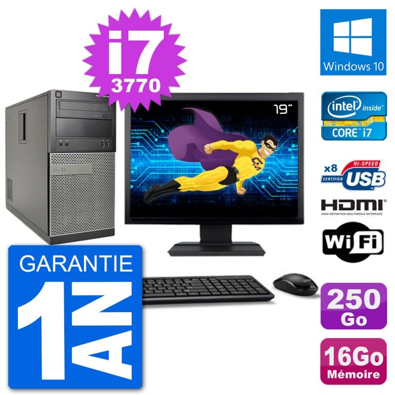 Dell Optiplex 3010 MT Desktop PC - 19" Screen, i7-3770, 16GB RAM, 250GB HDD, HDMI, Windows 10, WiFi