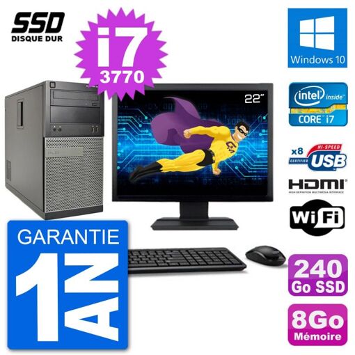 Dell Optiplex 3010 MT Desktop Computer, 22" Screen, i7-3770, 8GB RAM, 240GB SSD, HDMI, Windows 10, Wifi