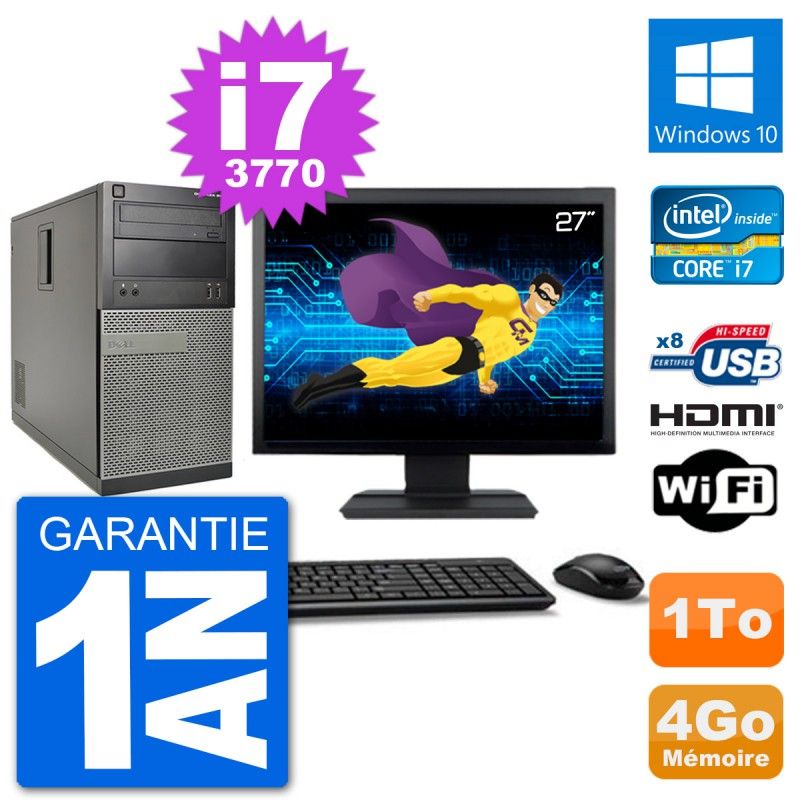 Dell Optiplex 3010 MT Desktop PC - 27" Screen, i7-3770, 4GB RAM, 1TB HDD, HDMI, Windows 10, Wifi