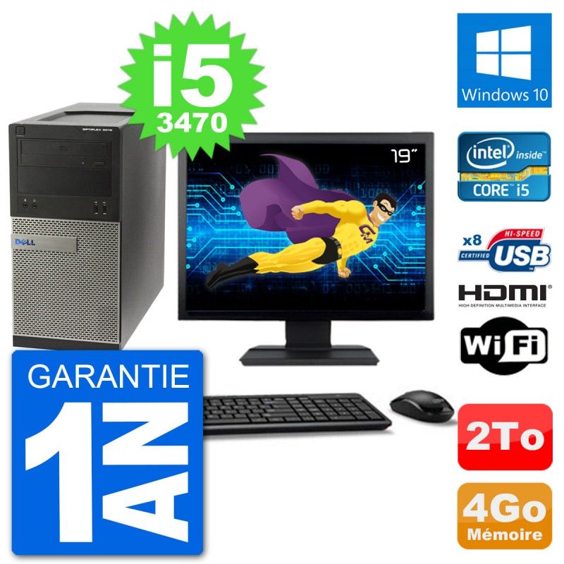 Dell Optiplex 3010 MT Desktop PC - 19" Screen, i5-3470, 4GB RAM, 2TB HDD, HDMI, Windows 10, WiFi