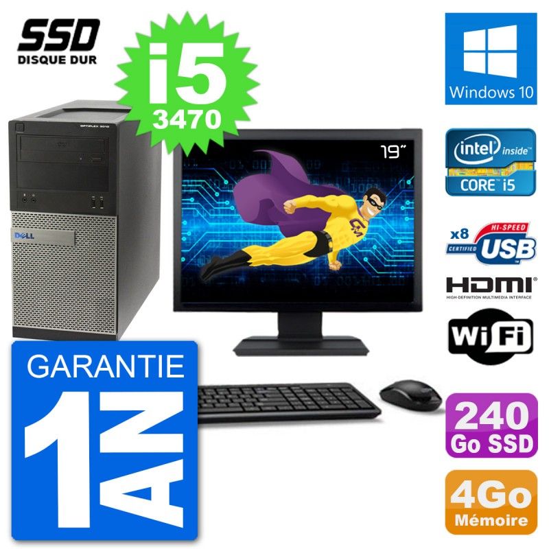 Dell Optiplex 3010 MT Desktop PC - 19" Screen, i5-3470, 4GB RAM, 240GB SSD, HDMI, Windows 10, Wifi