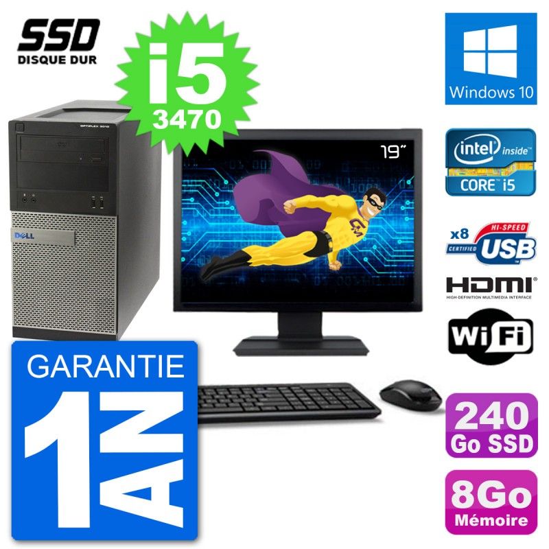 Dell Optiplex 3010 MT Desktop Computer, 19" Screen, i5-3470, 8GB RAM, 240GB SSD, HDMI, Windows 10, Wifi