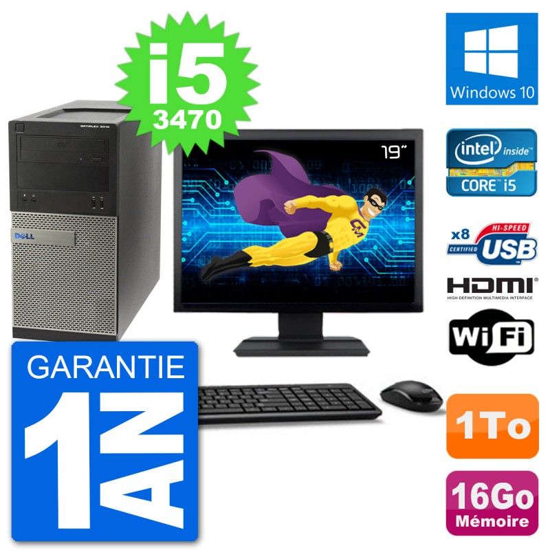 Dell Optiplex 3010 MT Desktop Computer, 19" Screen, i5-3470, 16GB RAM, 1TB HDD, HDMI, Windows 10, WiFi