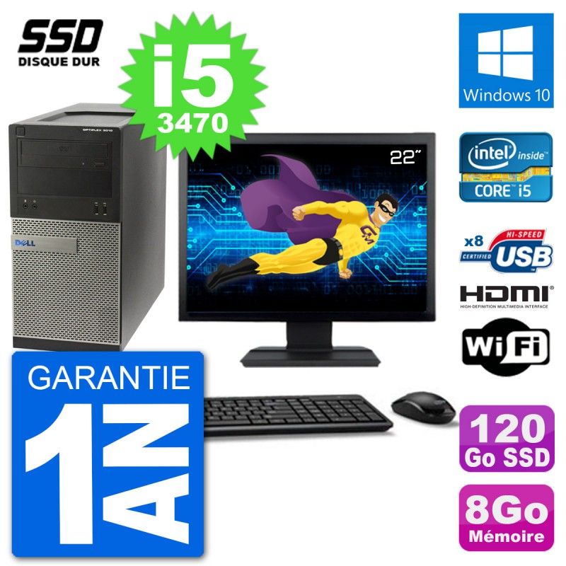Dell Optiplex 3010 MT Desktop Computer, 22" Screen, i5-3470, 8GB RAM, 120GB SSD, HDMI, Windows 10, WiFi