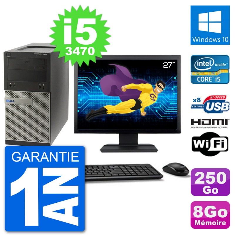 Dell Optiplex 3010 MT Desktop PC - 27" Screen, i5-3470, 8GB RAM, 250GB HDD, HDMI, Windows 10, Wifi