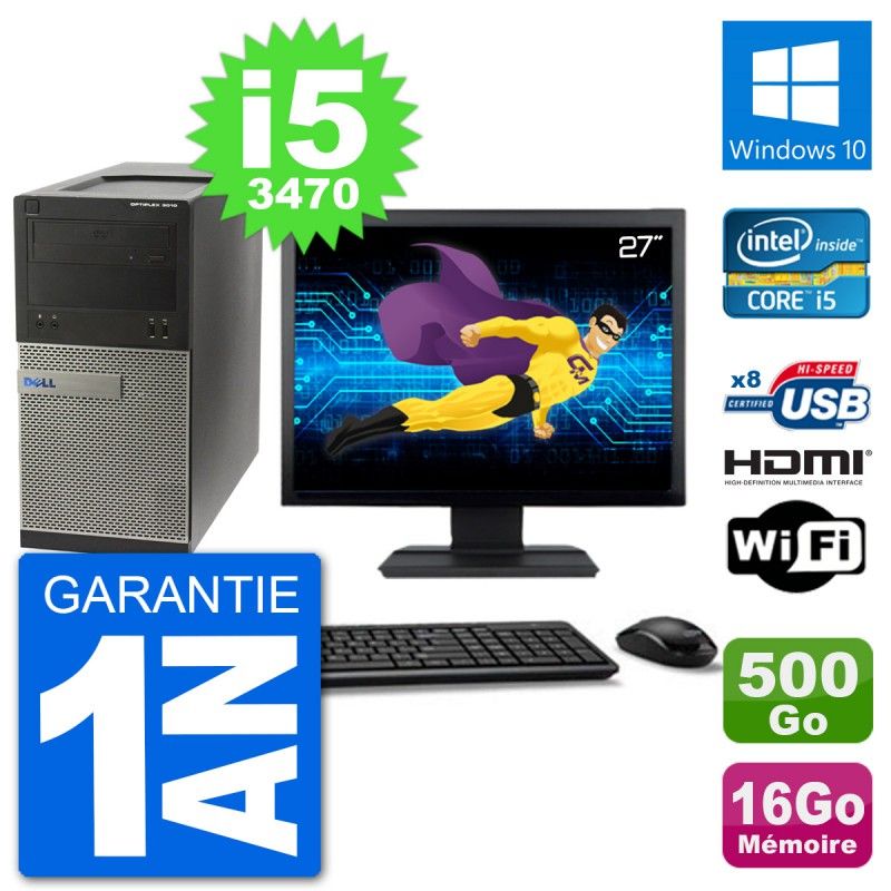 Dell Optiplex 3010 MT Desktop PC - 27" Screen, i5-3470, 16GB RAM, 500GB HDD, HDMI, WiFi