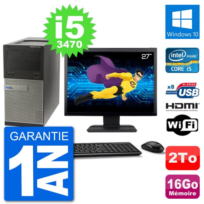 Dell Optiplex 3010 MT Desktop PC - 27" Screen, i5-3470, 16GB RAM, 2TB HDD, HDMI, Windows 10, Wifi