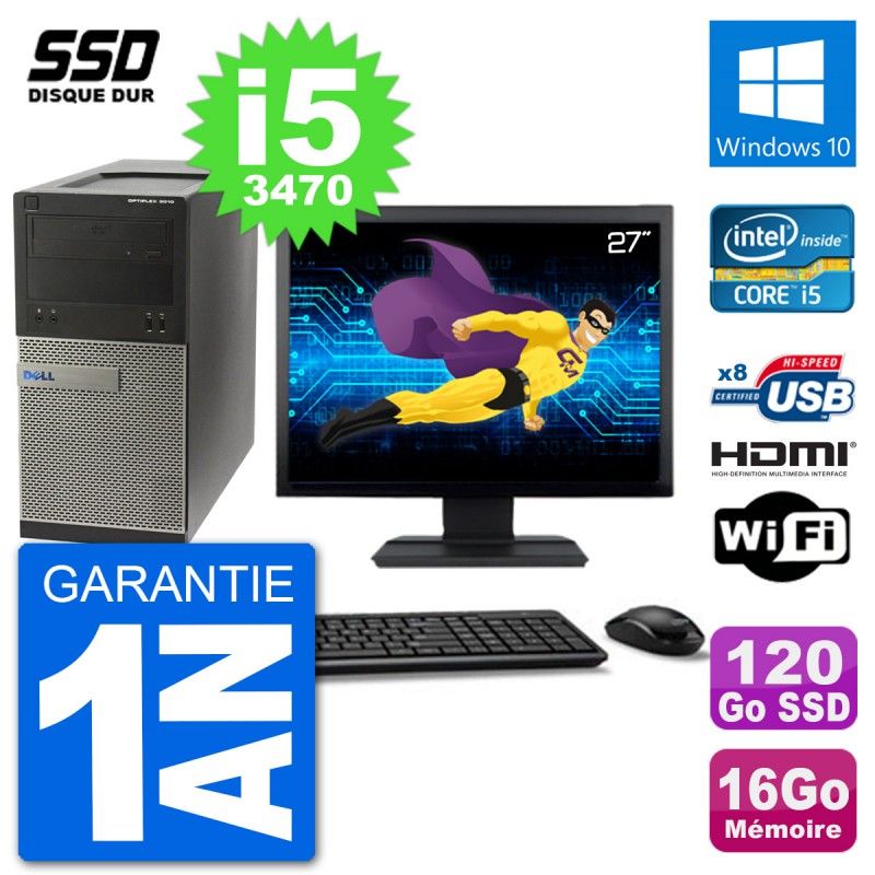Dell Optiplex 3010 MT Desktop PC - 27" Screen, i5-3470, 16GB RAM, 120GB SSD, HDMI, WiFi, Windows 10