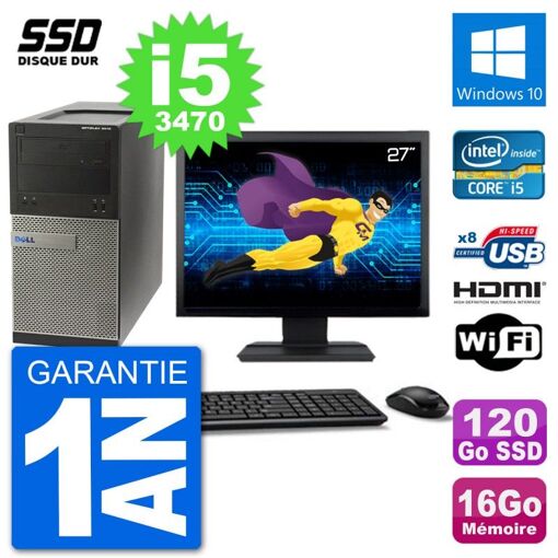 Dell Optiplex 3010 MT Desktop PC - 27" Screen, i5-3470, 16GB RAM, 120GB SSD, HDMI, WiFi, Windows 10