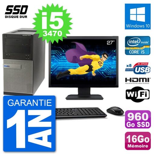 Dell Optiplex 3010 MT Desktop PC - 27" Screen, i5-3470, 16GB RAM, 960GB SSD, HDMI, Windows 10, Wifi