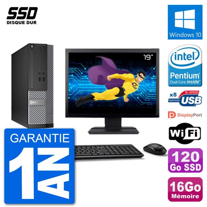 Dell Optiplex 3020 SFF Computer - 19" Screen, Intel Pentium G3220, 16GB RAM, 120GB SSD, Windows 10, WiFi