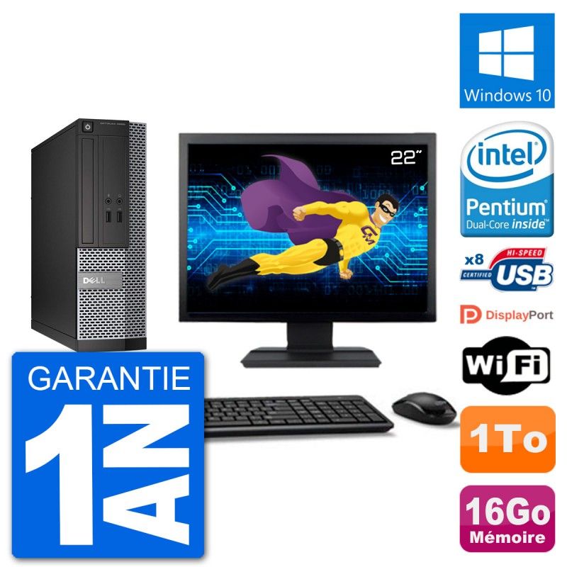 Dell Optiplex 3020 SFF Desktop PC - 22" Screen, Intel Pentium G3220, 16GB RAM, 1TB HDD, Windows 10, WiFi