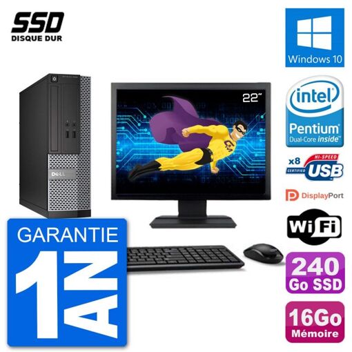 Dell Optiplex 3020 SFF Desktop Computer, 22" Screen, Intel Pentium G3220, 16GB RAM, 240GB SSD, Windows 10, WiFi