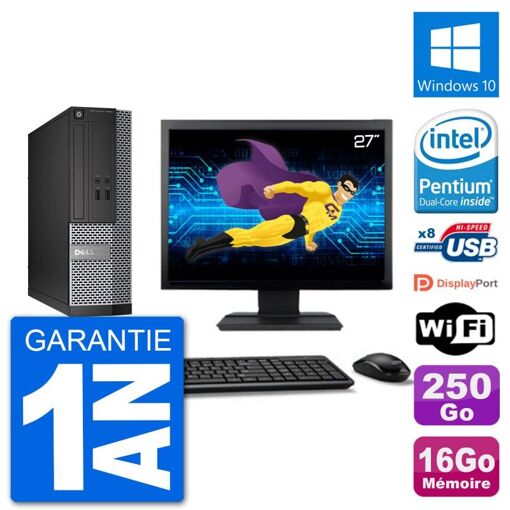 Dell Optiplex 3020 SFF Desktop PC - 27" Screen, Intel Pentium G3220, 16GB RAM, 250GB SSD, Windows 10, WiFi