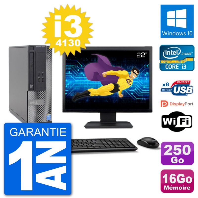 Dell Optiplex 3020 SFF Computer - 22" Screen, i3-4130, 16GB RAM, 250GB SSD, Windows 10, WiFi