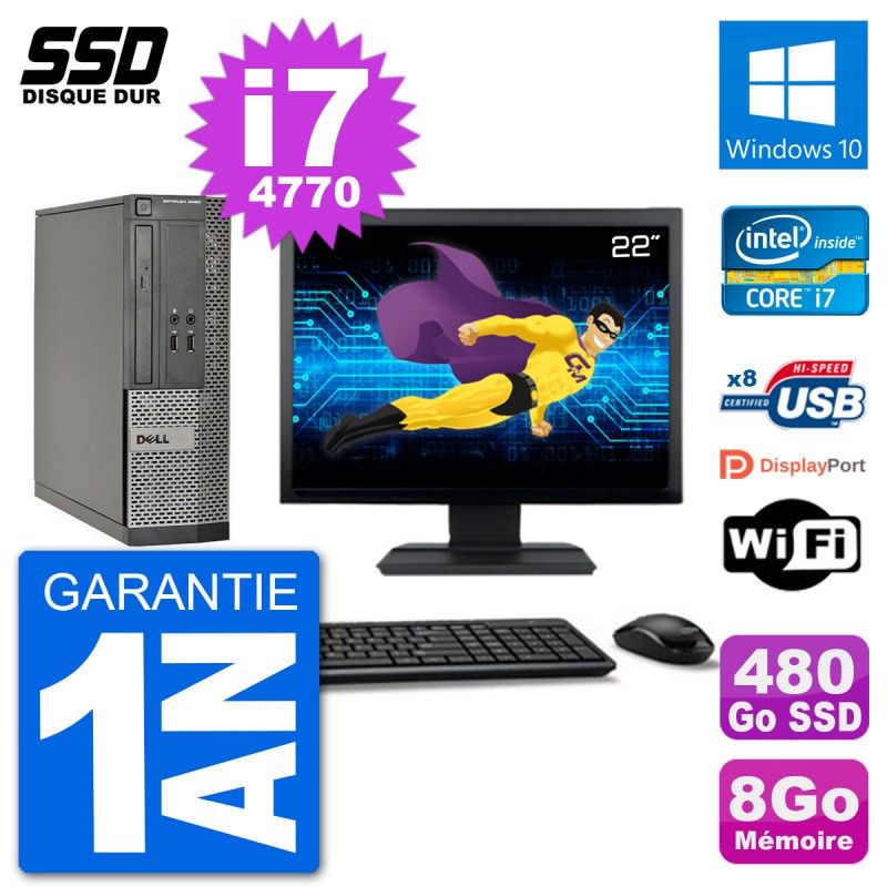 Dell Optiplex 3020 SFF Computer - 22" Screen, i7-4770, 8GB RAM, 480GB SSD, Windows 10, Wifi