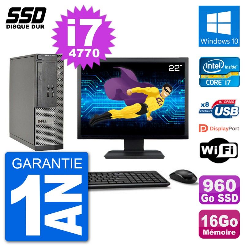 Dell Optiplex 3020 SFF Computer - 22" Screen, i7-4770, 16GB RAM, 960GB SSD, Windows 10, Wifi