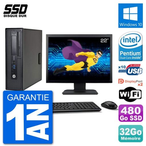 HP EliteDesk 800 G1 Desktop PC - 22" Screen, Intel Pentium G3220, 32GB RAM, 480GB SSD, Windows 10, Wifi