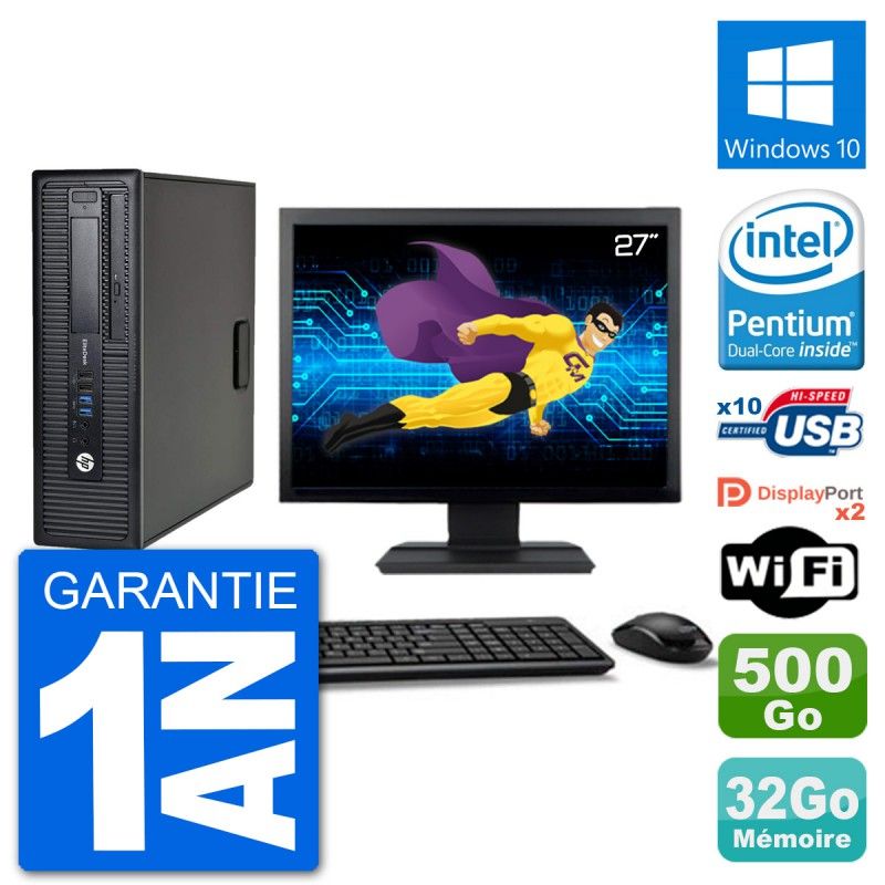 HP EliteDesk 800 G1 Desktop PC - 27" Screen, Intel Pentium G3220, 32GB RAM, 500GB HDD, Windows 10