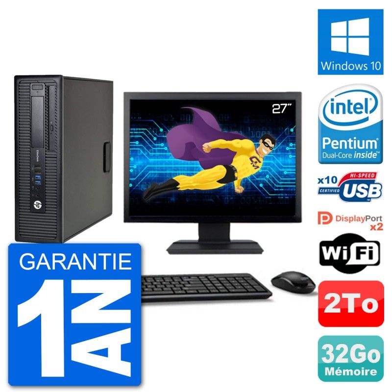 HP EliteDesk 800 G1 Desktop PC - 27" Screen, Intel Pentium G3220, 32GB RAM, 2TB HDD, Windows 10, WiFi