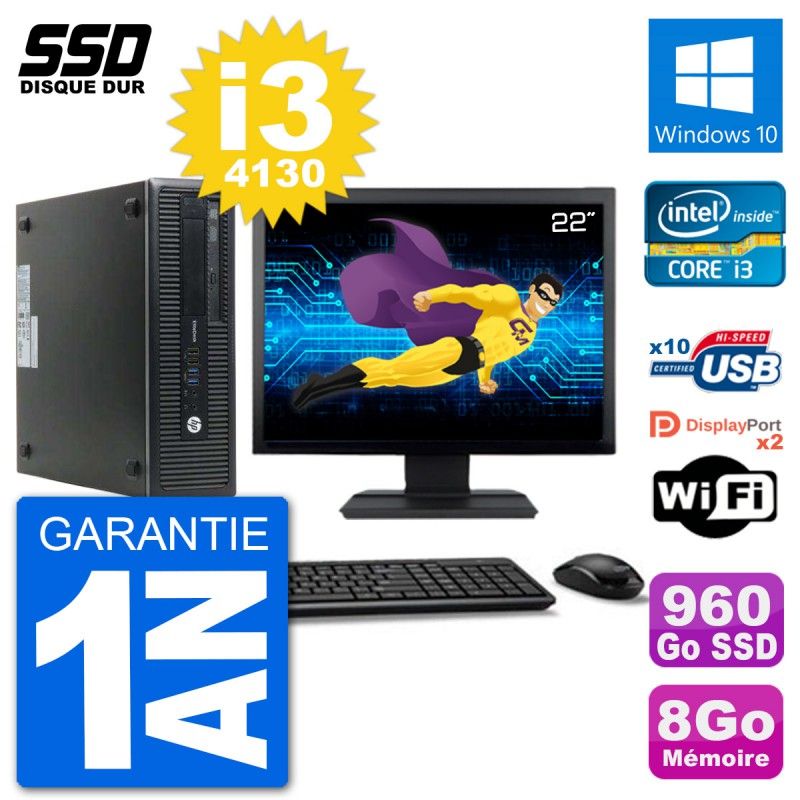 HP EliteDesk 800 G1 Desktop PC - 22" Screen, Core i3-4130, 8GB RAM, 960GB SSD, Windows 10, WiFi
