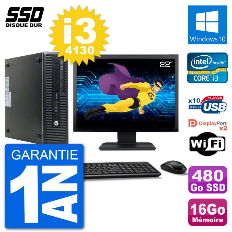 HP EliteDesk 800 G1 Desktop PC - 22" Screen, Core i3-4130, 16GB RAM, 480GB SSD, Windows 10, WiFi
