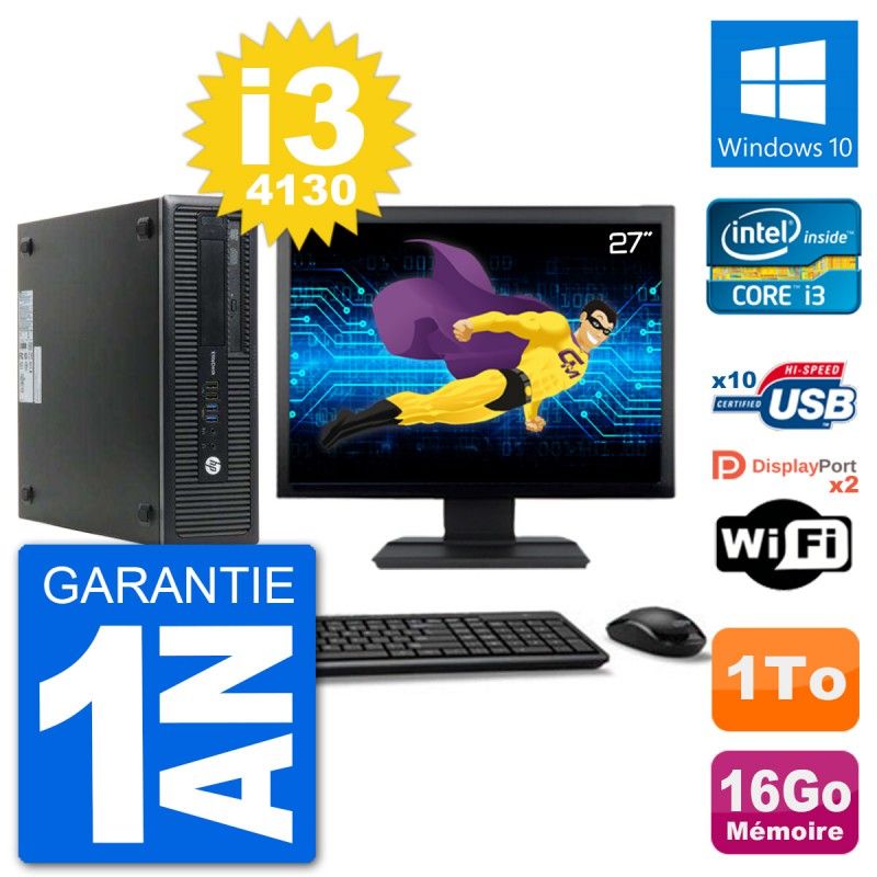 Computadora de escritorio HP EliteDesk 800 G1 - Pantalla de 27', Procesador Intel Core i3-4130, 16GB de RAM, Disco duro de 1TB, Windows 10, WiFi