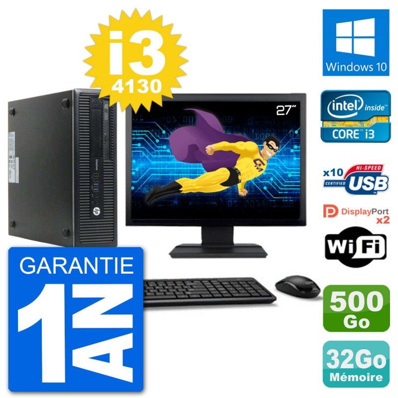 HP EliteDesk 800 G1 Desktop Computer, 27" Screen, Core i3-4130, 32GB RAM, 500GB HDD, Windows 10, WiFi