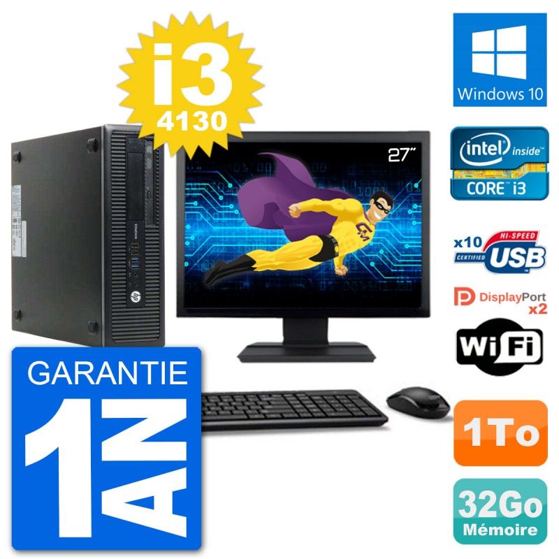 HP EliteDesk 800 G1 Desktop Computer - 27" Screen, Intel Core i3-4130, 32GB RAM, 1TB HDD, Windows 10, Wifi