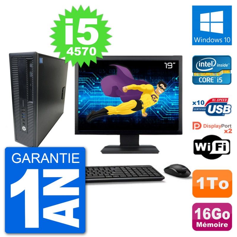 HP EliteDesk 800 G1, PC de escritorio con pantalla de 19 pulgadas, procesador Intel Core i5-4570, 16 GB de RAM, 1 TB HDD, Windows 10, WiFi