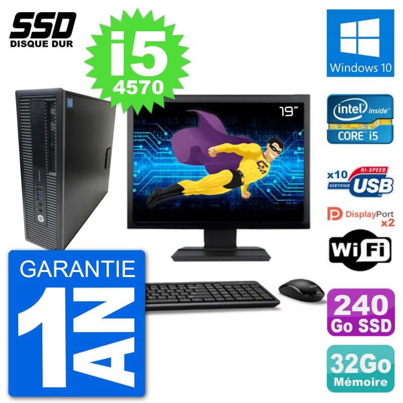 HP EliteDesk 800 G1 Desktop PC - 19" Screen, Core i5-4570, 32GB RAM, 240GB SSD, Windows 10, WiFi