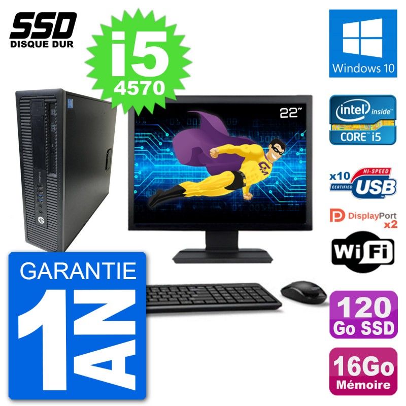 HP EliteDesk 800 G1 Desktop Computer - 22" Screen, Core i5-4570, 16GB RAM, 120GB SSD, Windows 10, Wifi
