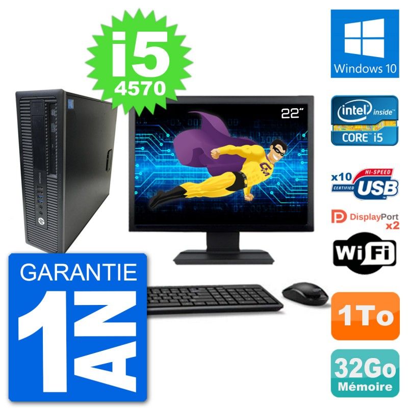 HP EliteDesk 800 G1 Desktop Computer, 22" Screen, Core i5-4570, 32GB RAM, 1TB HDD, Windows 10, Wifi