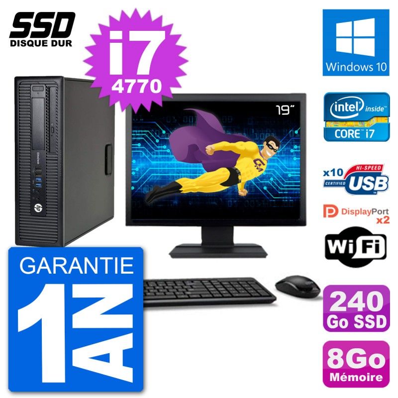 HP EliteDesk 800 G1 Desktop PC - 19" Screen, Core i7-4770, 8GB RAM, 240GB SSD, Windows 10, WiFi