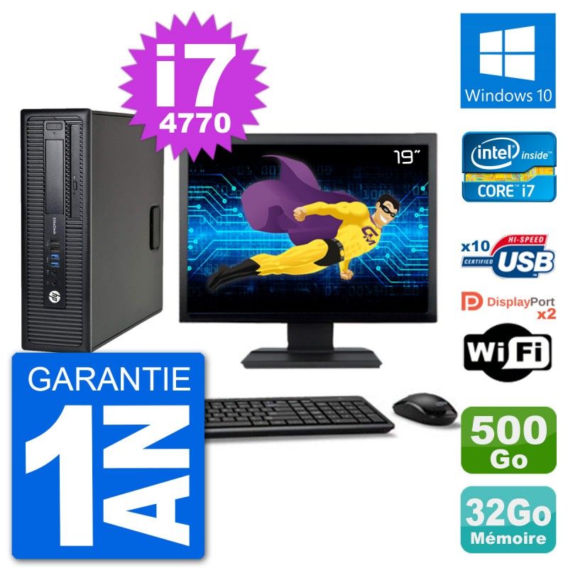 Computadora de escritorio HP EliteDesk 800 G1 - Pantalla de 19 pulgadas, procesador Core i7-4770, 32 GB de RAM, disco duro de 500 GB, Windows 10