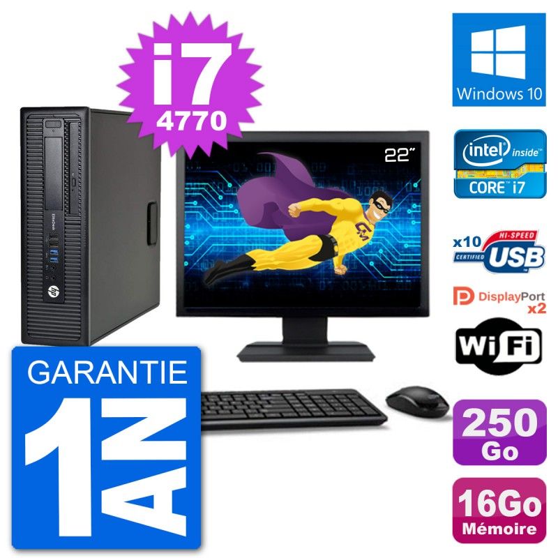 HP EliteDesk 800 G1 Desktop PC - 22" Screen, Core i7-4770, 16GB RAM, 250GB HDD, Windows 10, WiFi