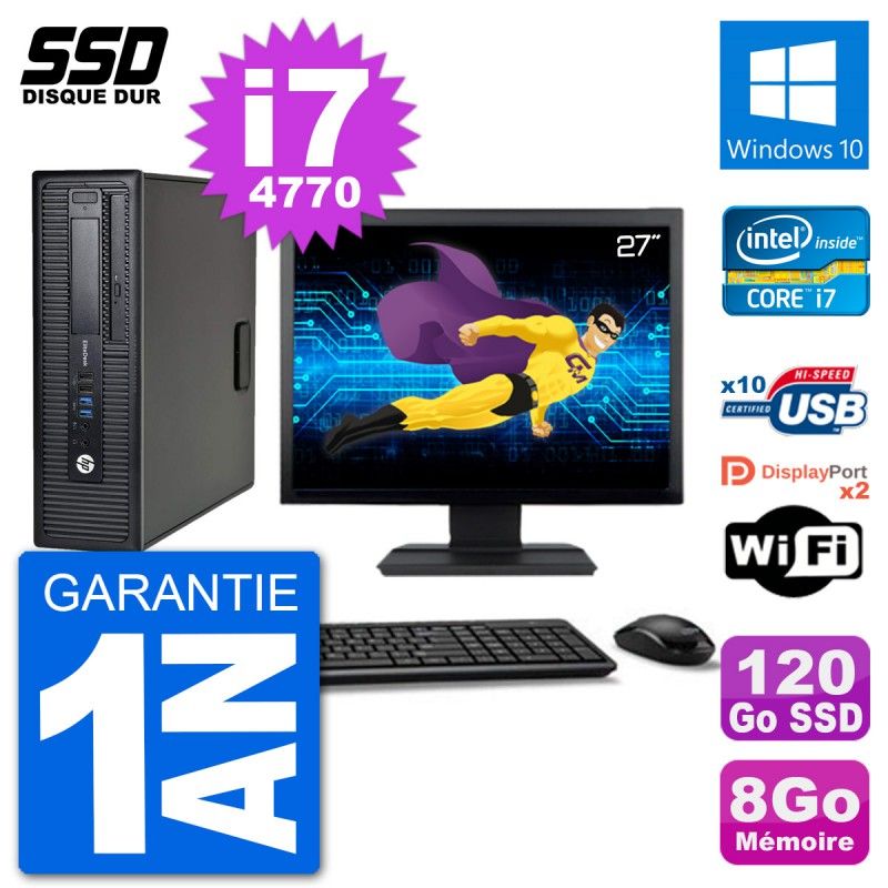 HP EliteDesk 800 G1 Desktop Computer - 27" Screen, Core i7-4770, 8GB RAM, 120GB SSD, Windows 10, WiFi